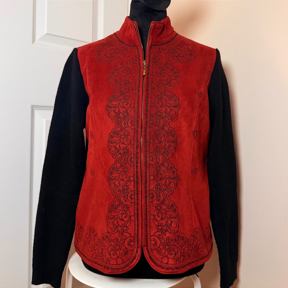 VTG Coldwater Creek Full Zip 90s Red Jacked Embroidered Sweater Sleeves SZ S